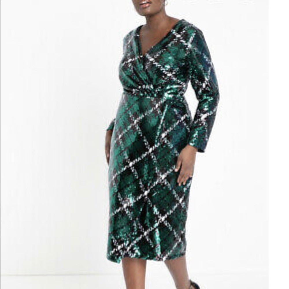 Sequined Green Tartan Dress - Midi Length - Picture 1 of 3